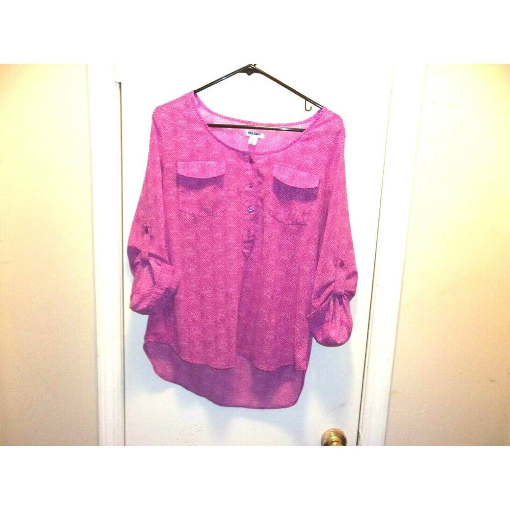 Old Navy Two Toned Pink Half Button Roll Tab Sleeve Polyester Top M